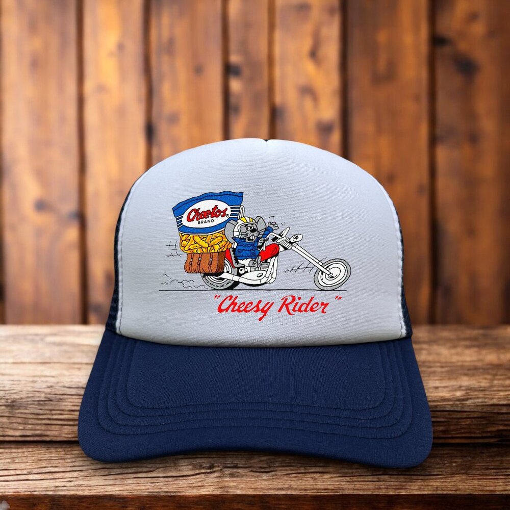 Cheetos Cheesy Rider Unisex Trucker Hat Navy Snapback Chester Retro Logo Hat